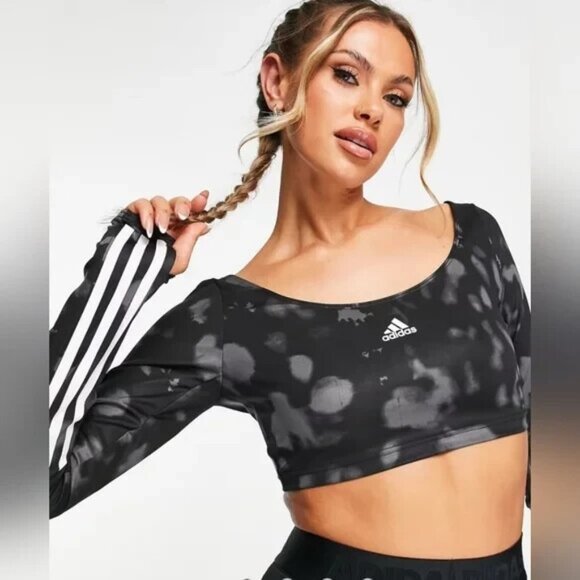 ADIDAS Women Training Hyperglam Printed Crop Top Logo 3 Stripe Sz S Black 10a-2 - Picture 1 of 10